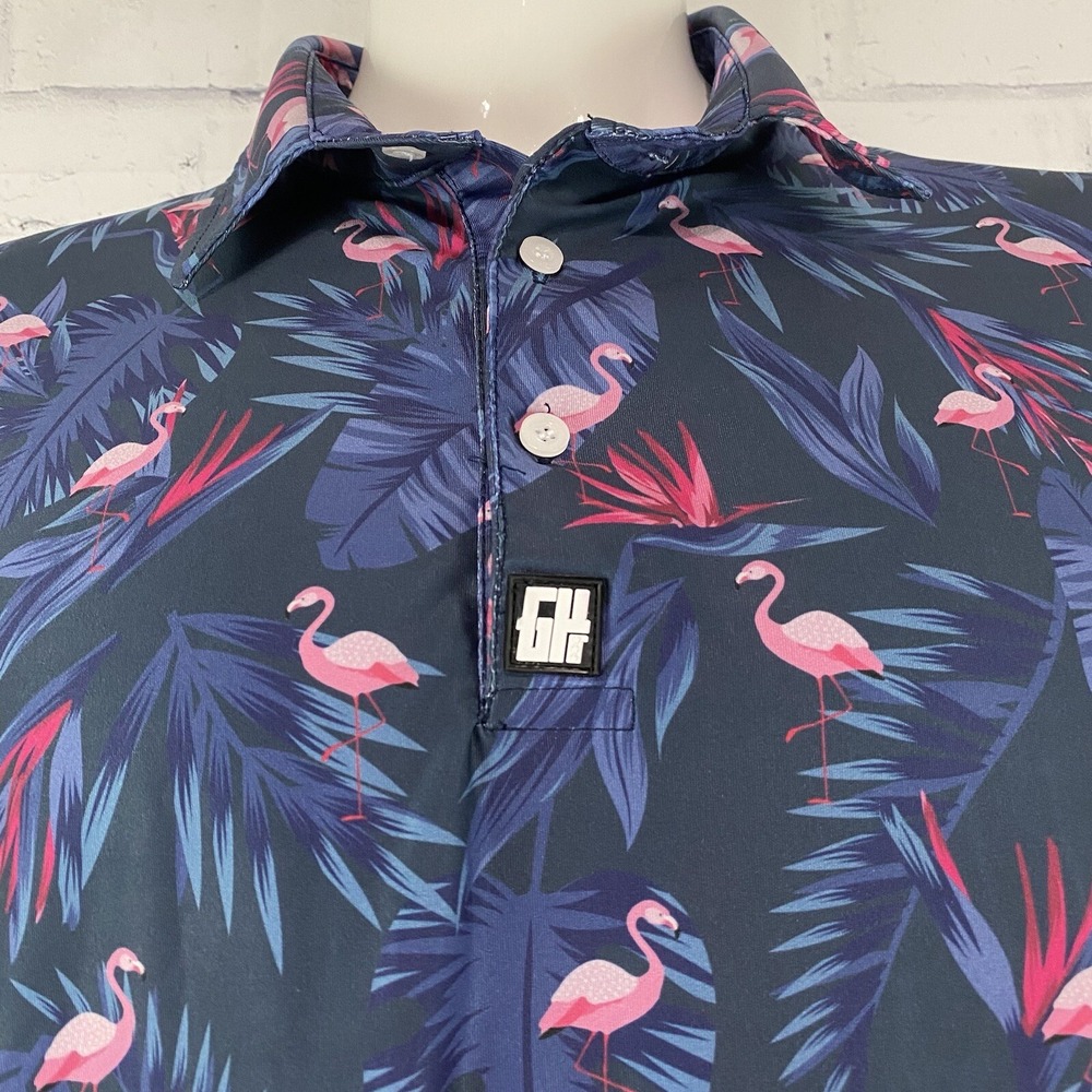 Greater Half Shirt Men's Large Polo Short Sleeve GH Shirt Blue Flamingo Hawaiian - Picture 3 of 10